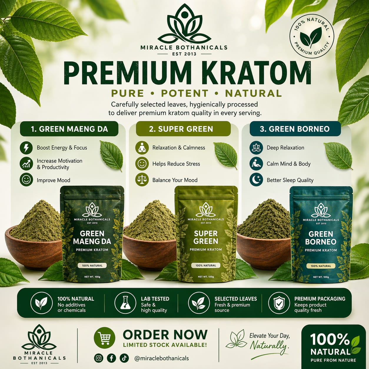 Miracle Botanicals Green Strain kratom powder — energy and focus